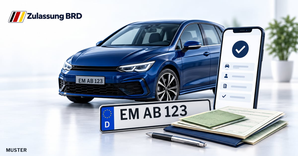 Online Fahrzeugzulassung in Endingen am Kaiserstuhl: Musterkennzeichen EM AB 123, Auto und Fahrzeugpapiere und Smartphone. Illustration mit Logo von Zulassung BRD.